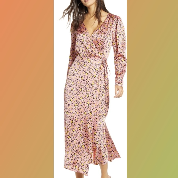 Leith Dresses & Skirts - Like New Pink Leopard Print Long Sleeve Satin Midi Wrap Dress small